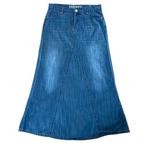 Inherit Clothing Co Jennifer A-Line Long Denim Skirt Lightly Distressed 9/10